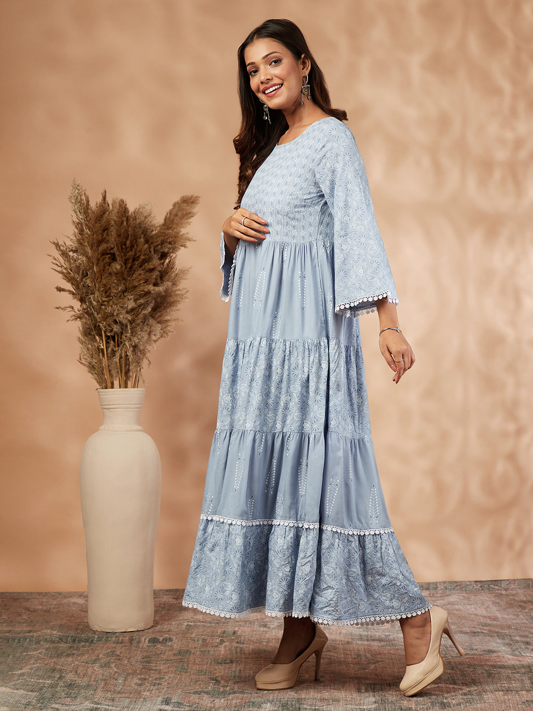 Blue Printed Tiered Long Dress