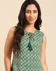 Green Printed Rayon Asymmetric Dress