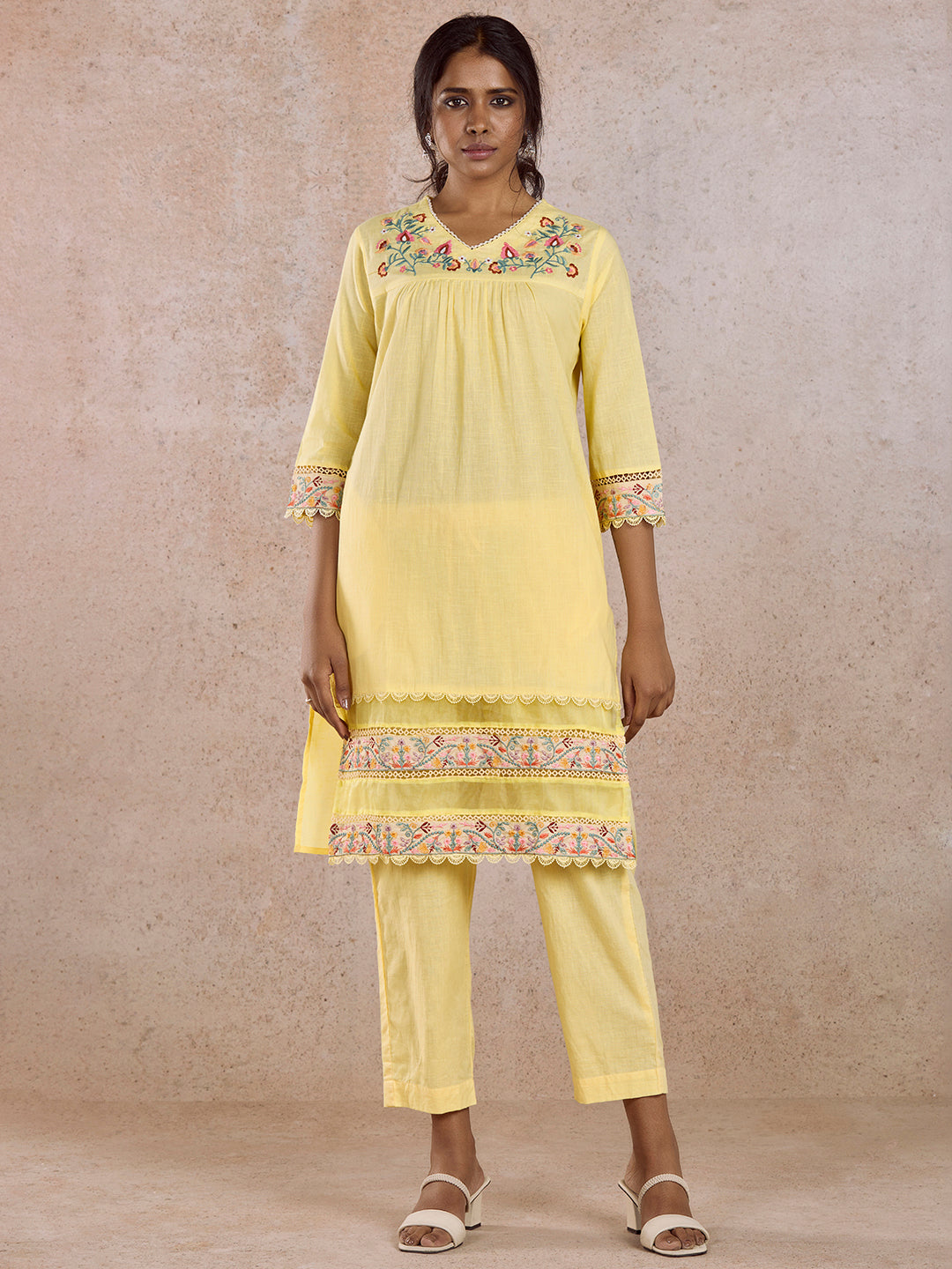 Yellow Embroidered Kurta Pant Set