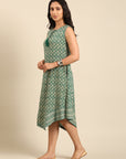 Green Printed Rayon Asymmetric Dress