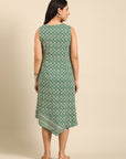 Green Printed Rayon Asymmetric Dress