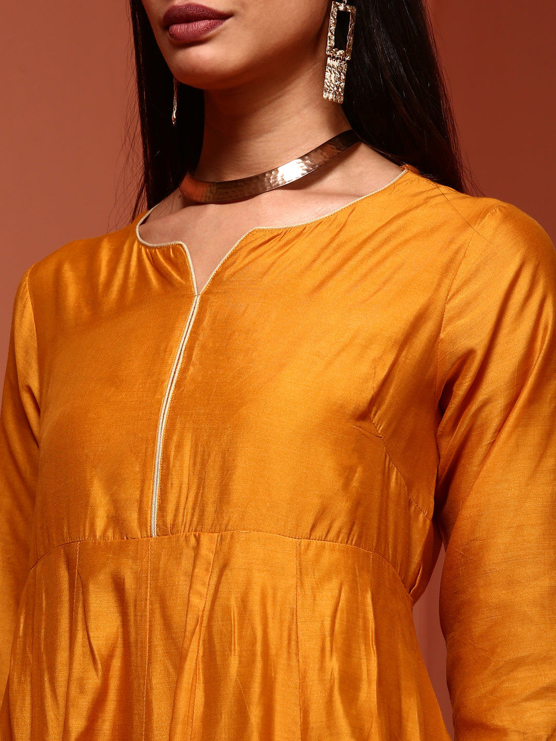 Mustard Solid Chanderi Anarkali Set