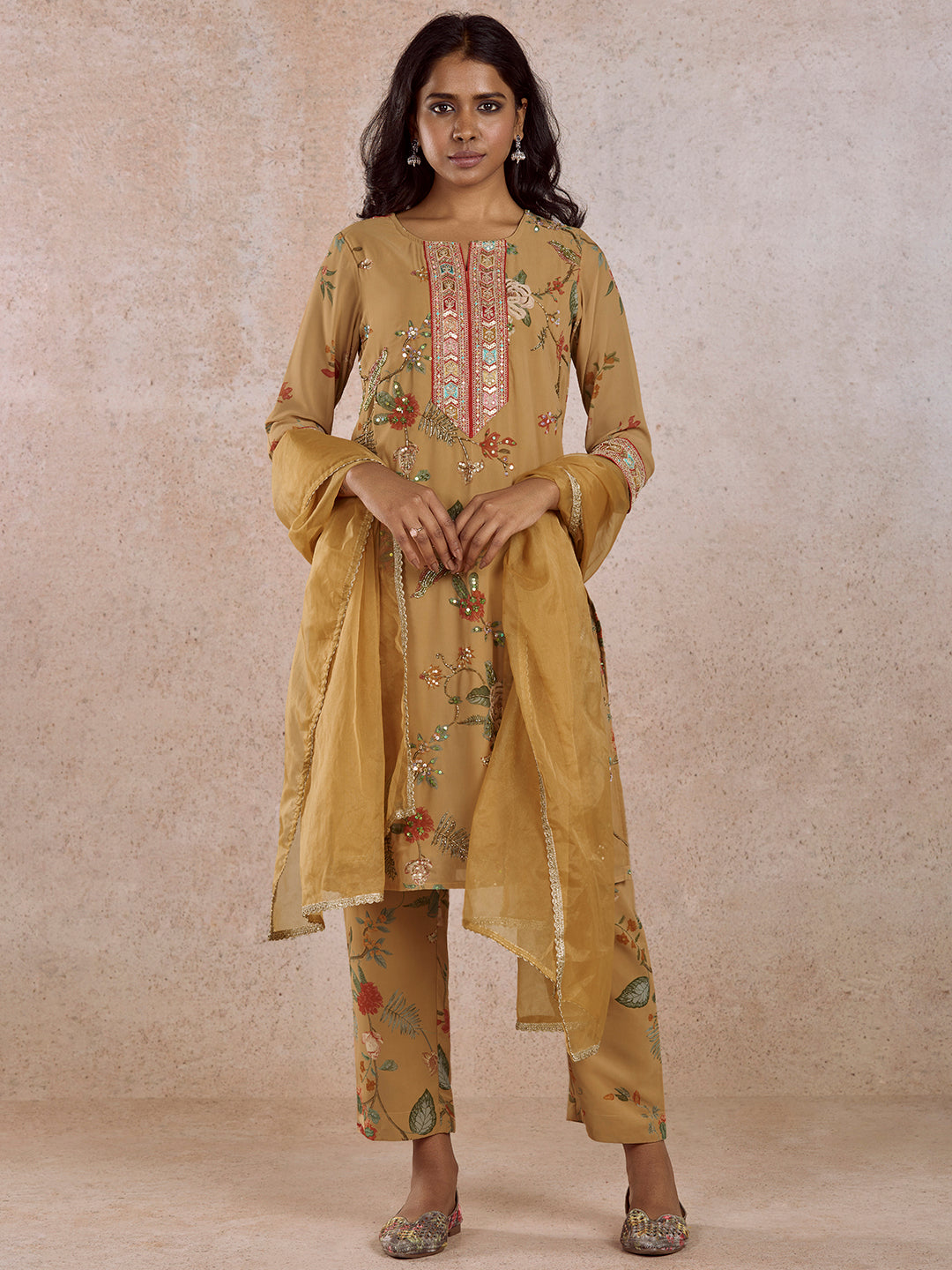 Mustard Yoke Embroidered Kurta Set with Dupatta