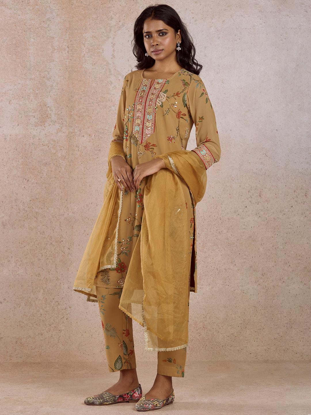 Mustard Yoke Embroidered Kurta Set with Dupatta