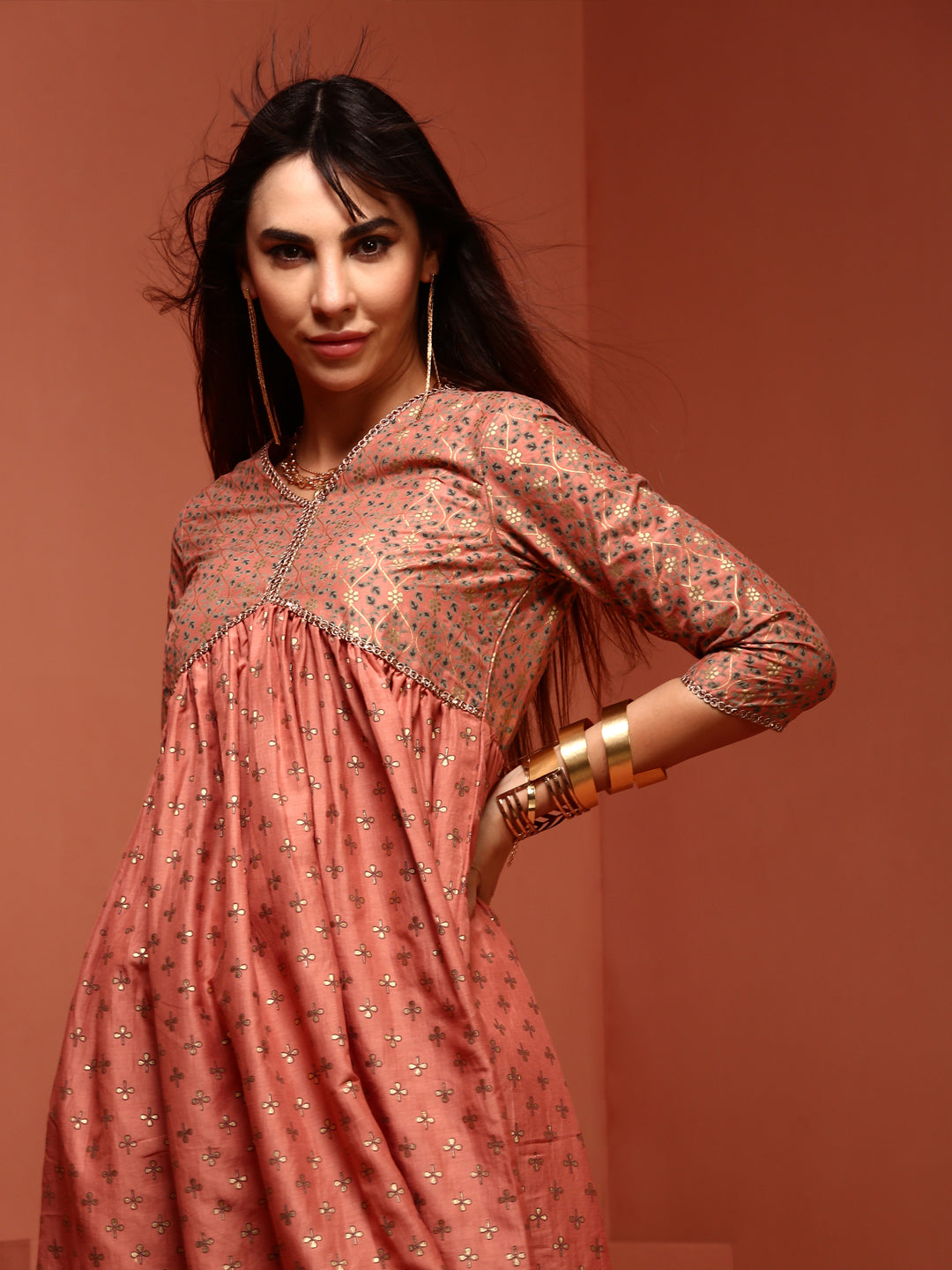 Peach Printed Gathered Kurta