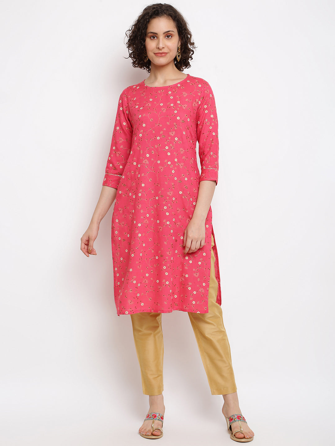 Printed Floral Pink Straight Kurta