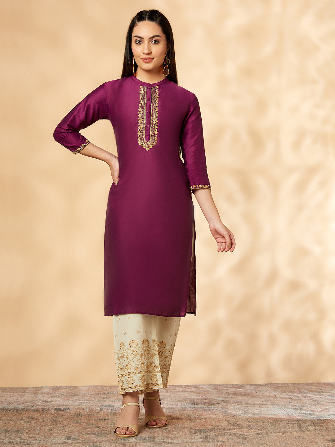 Violet Embroidered Straight Kurta