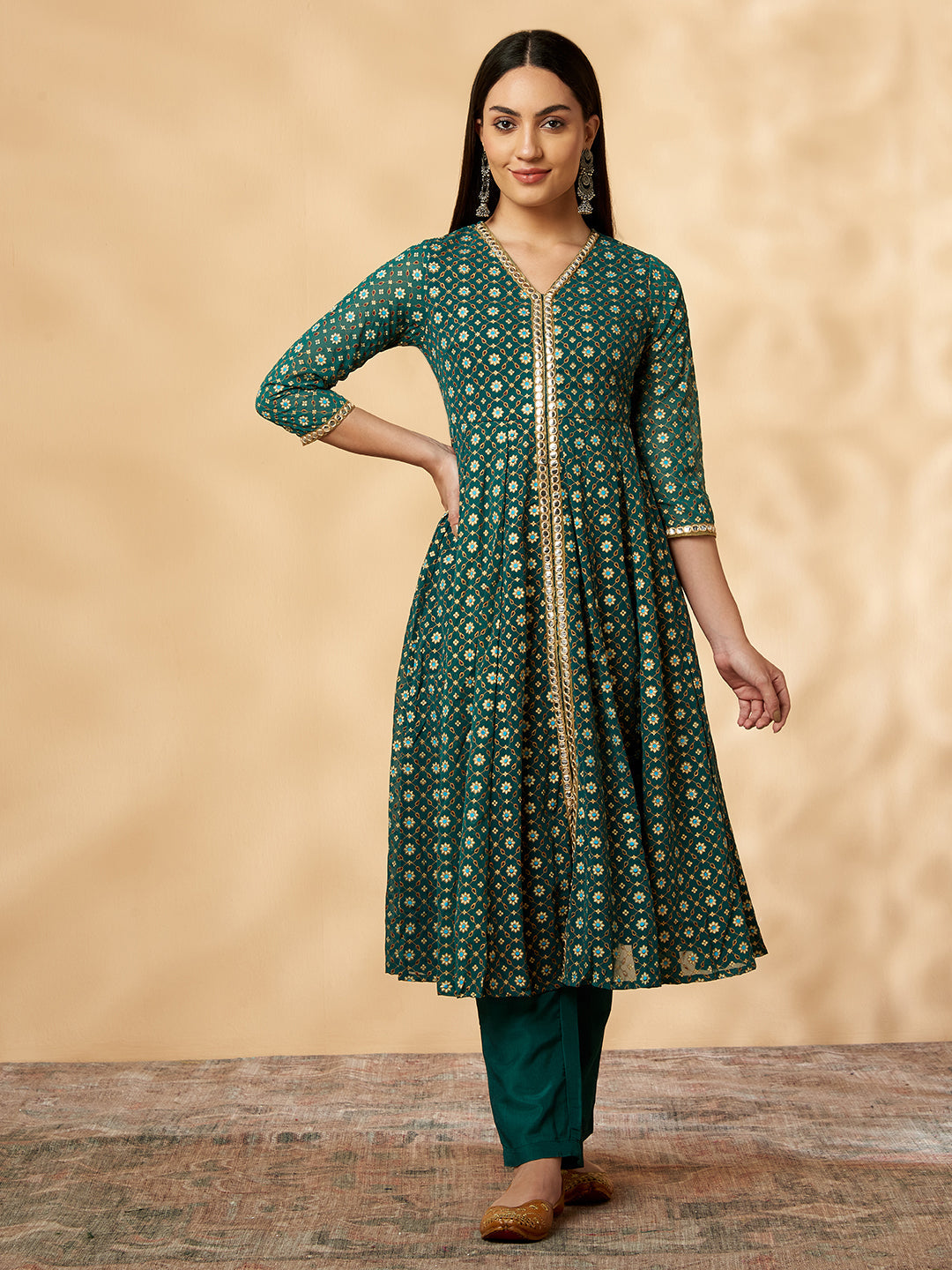 Green Printed Kalidar  Kurta  Set