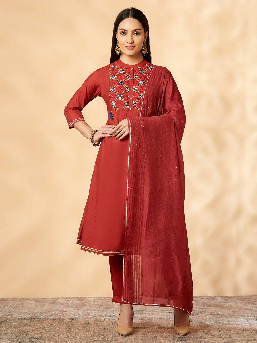 Red Floral Embroidered Kurta Set