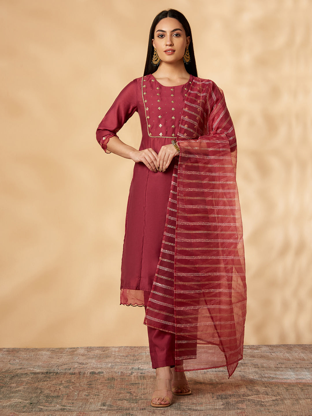 Maroon Embroidered  Kurta Set