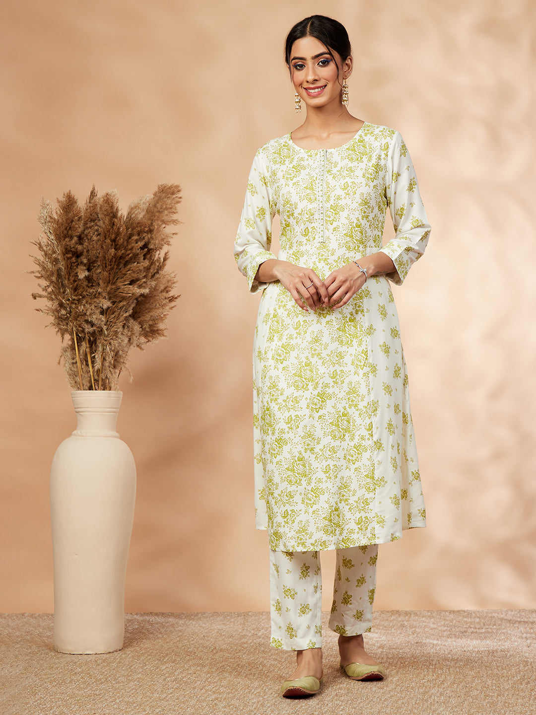 Off-white Floral Print A-line Kurta Set