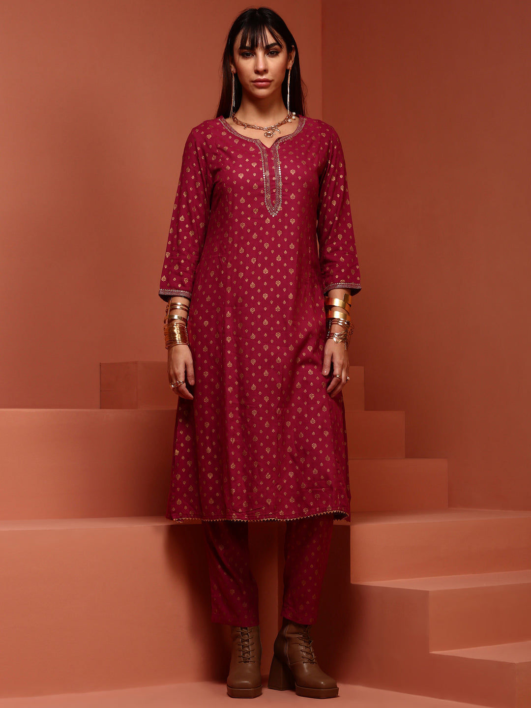 Purple Printed A-line Kurta Set