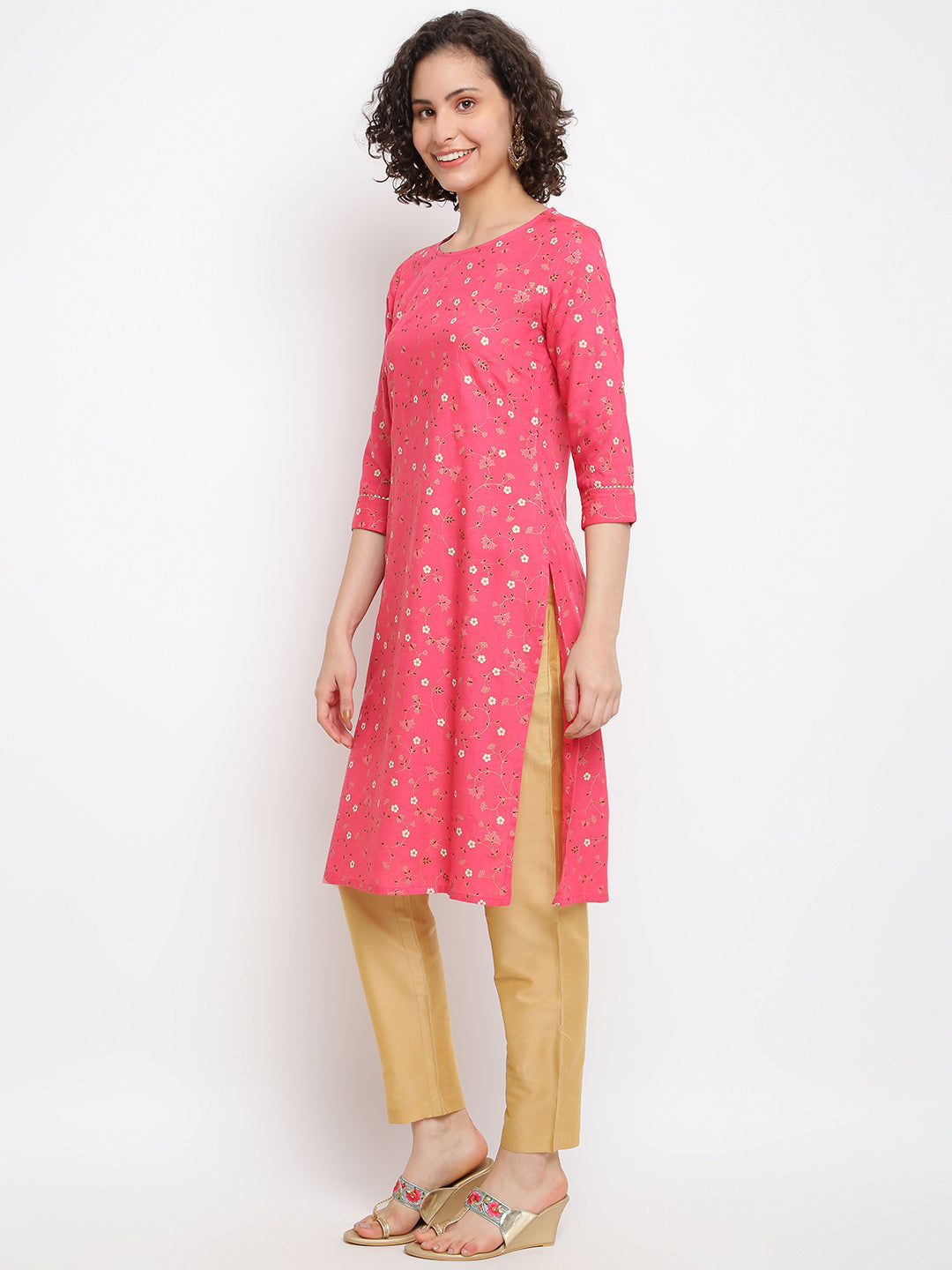 Printed Floral Pink Straight Kurta