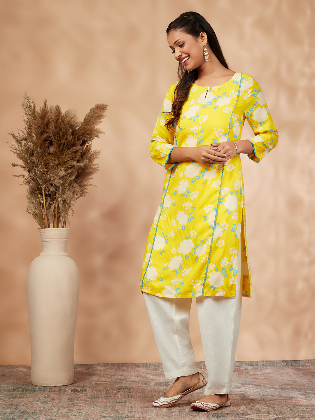 Yellow Floral Print Straight Kurta set