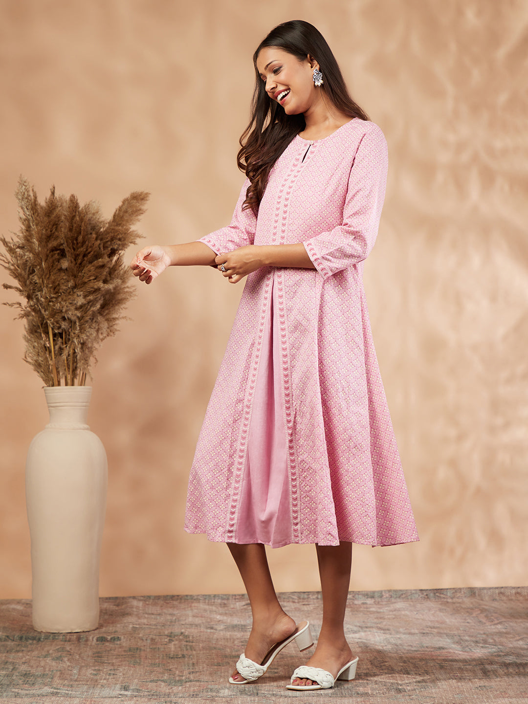 Pink Printed Rayon A-Line Kurta