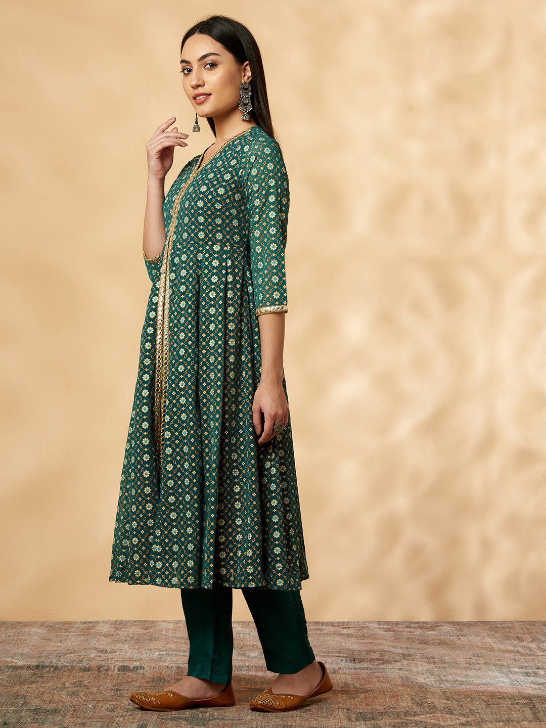 Green Printed Kalidar  Kurta  Set