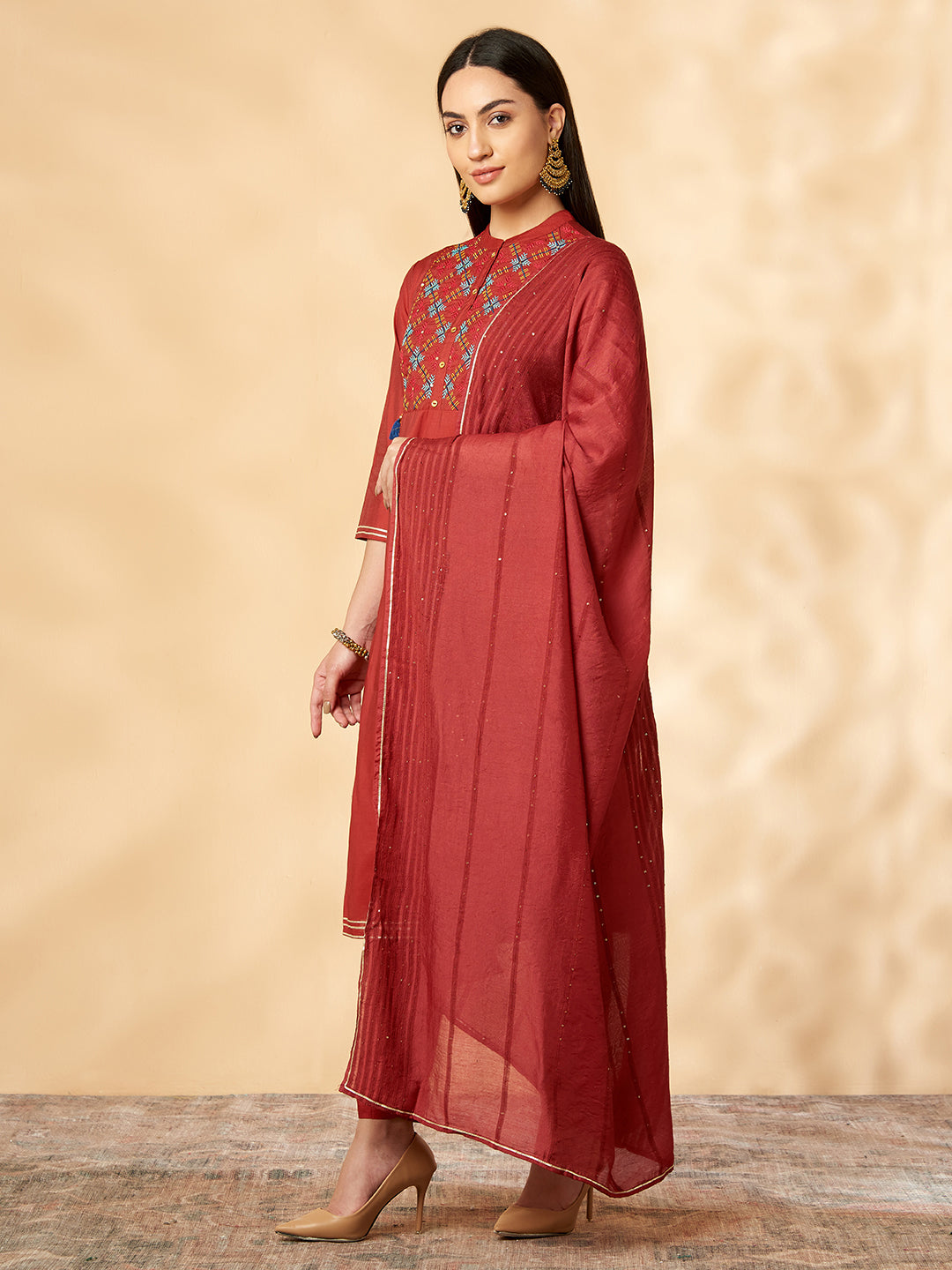 Red Floral Embroidered Kurta Set