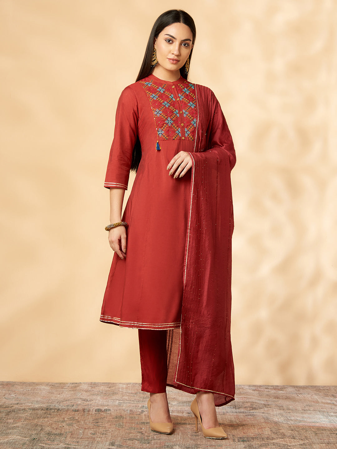 Red Floral Embroidered Kurta Set