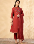 Red Floral Embroidered Kurta Set