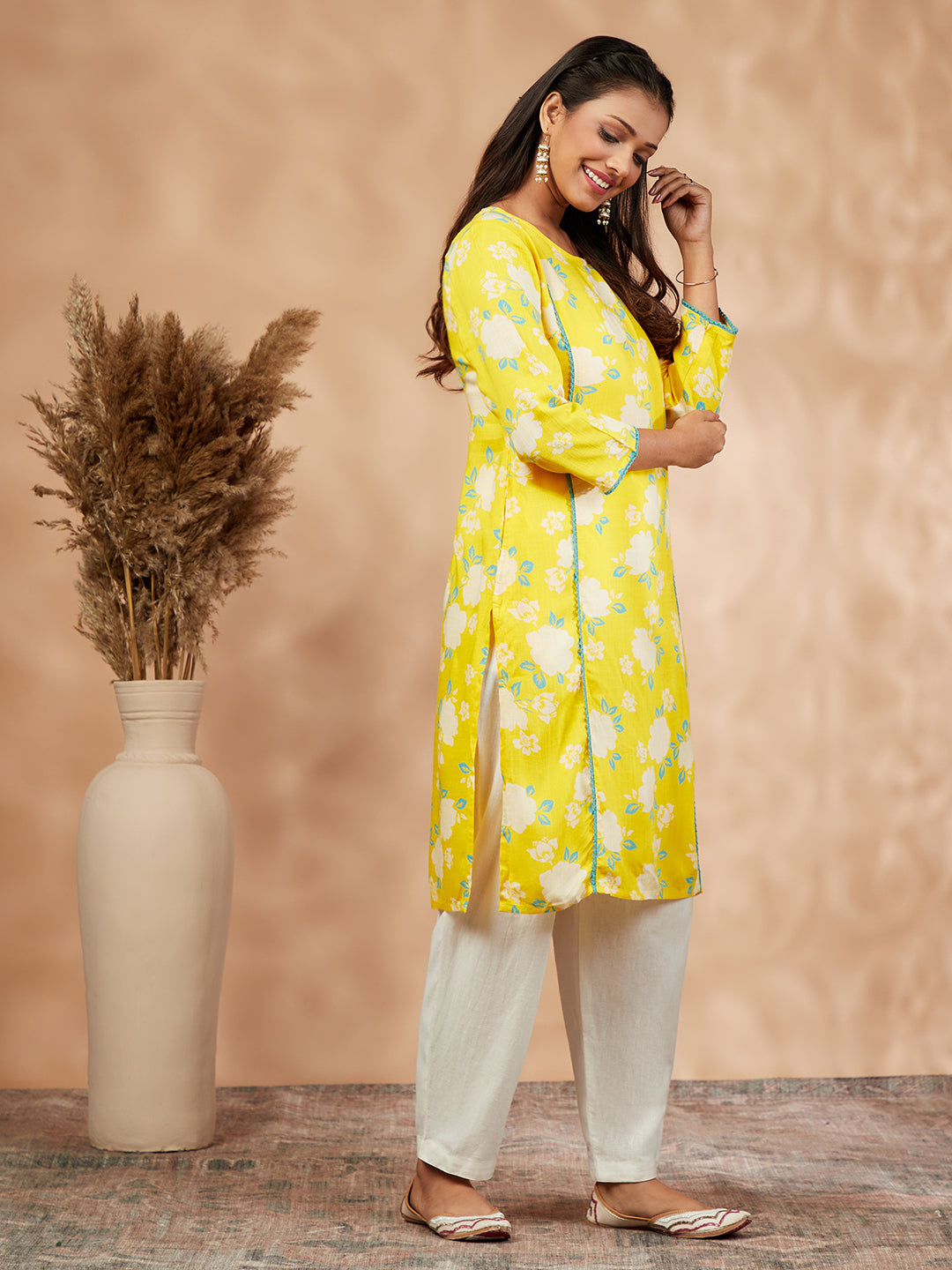 Yellow Floral Print Straight Kurta set