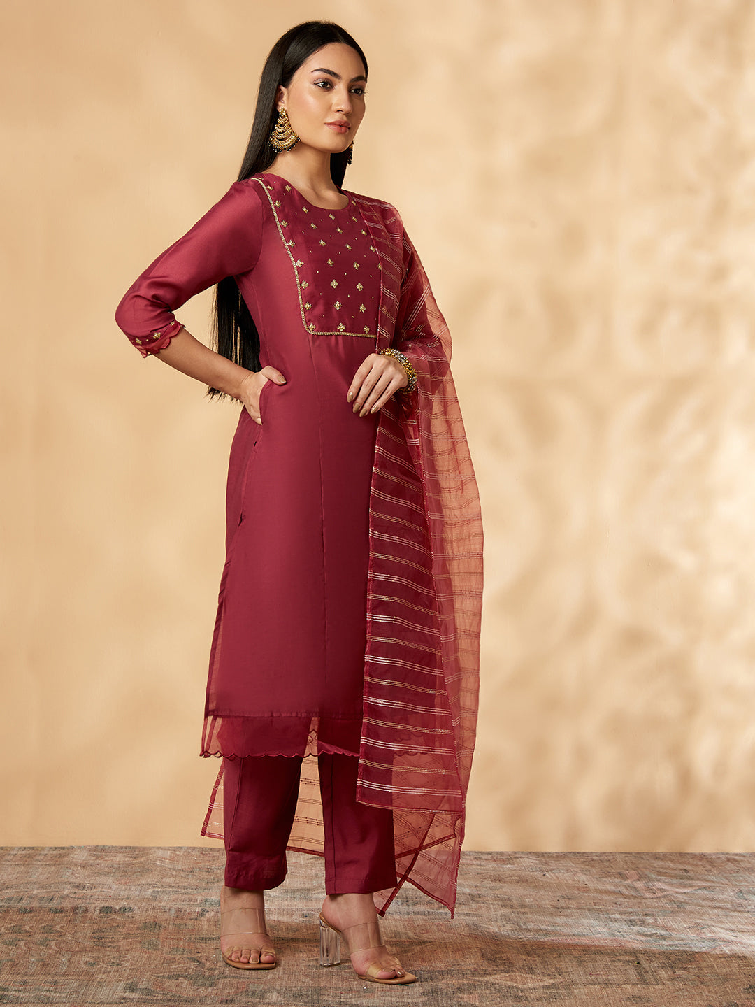 Maroon Embroidered  Kurta Set