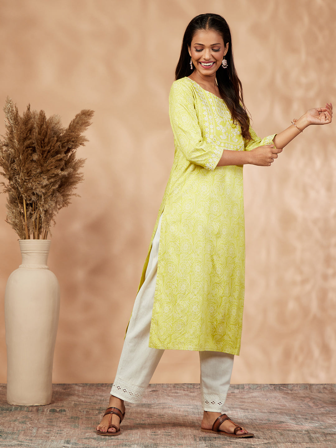 Lime Green Printed Straight Kurta