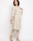 Beige Printed A-line Angrakha Kurta Set