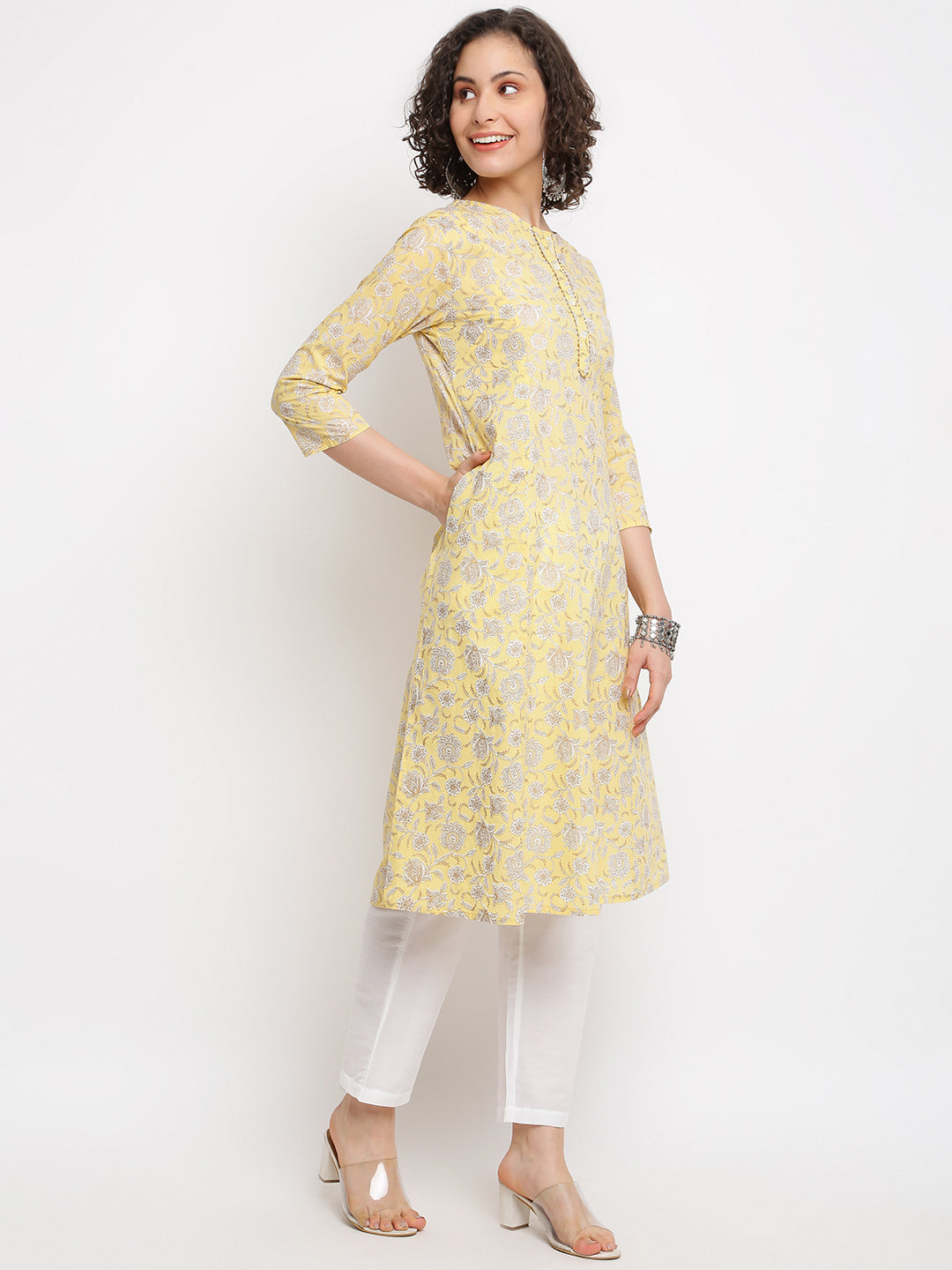 Block Floral Yellow Kurta