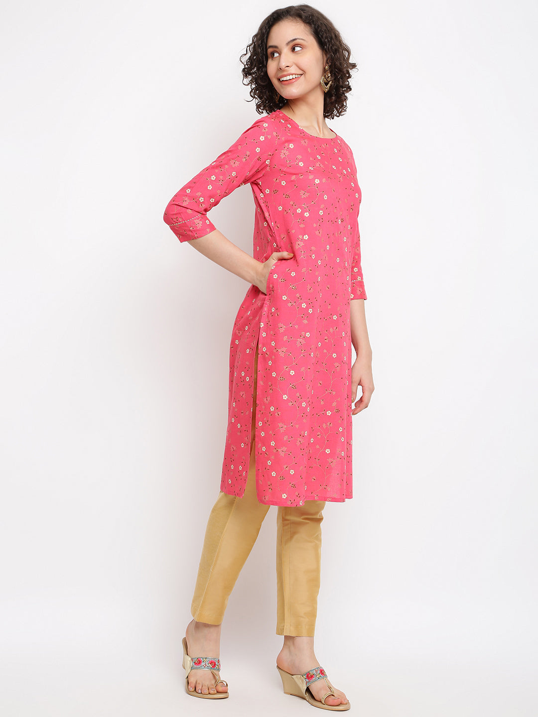 Printed Floral Pink Straight Kurta