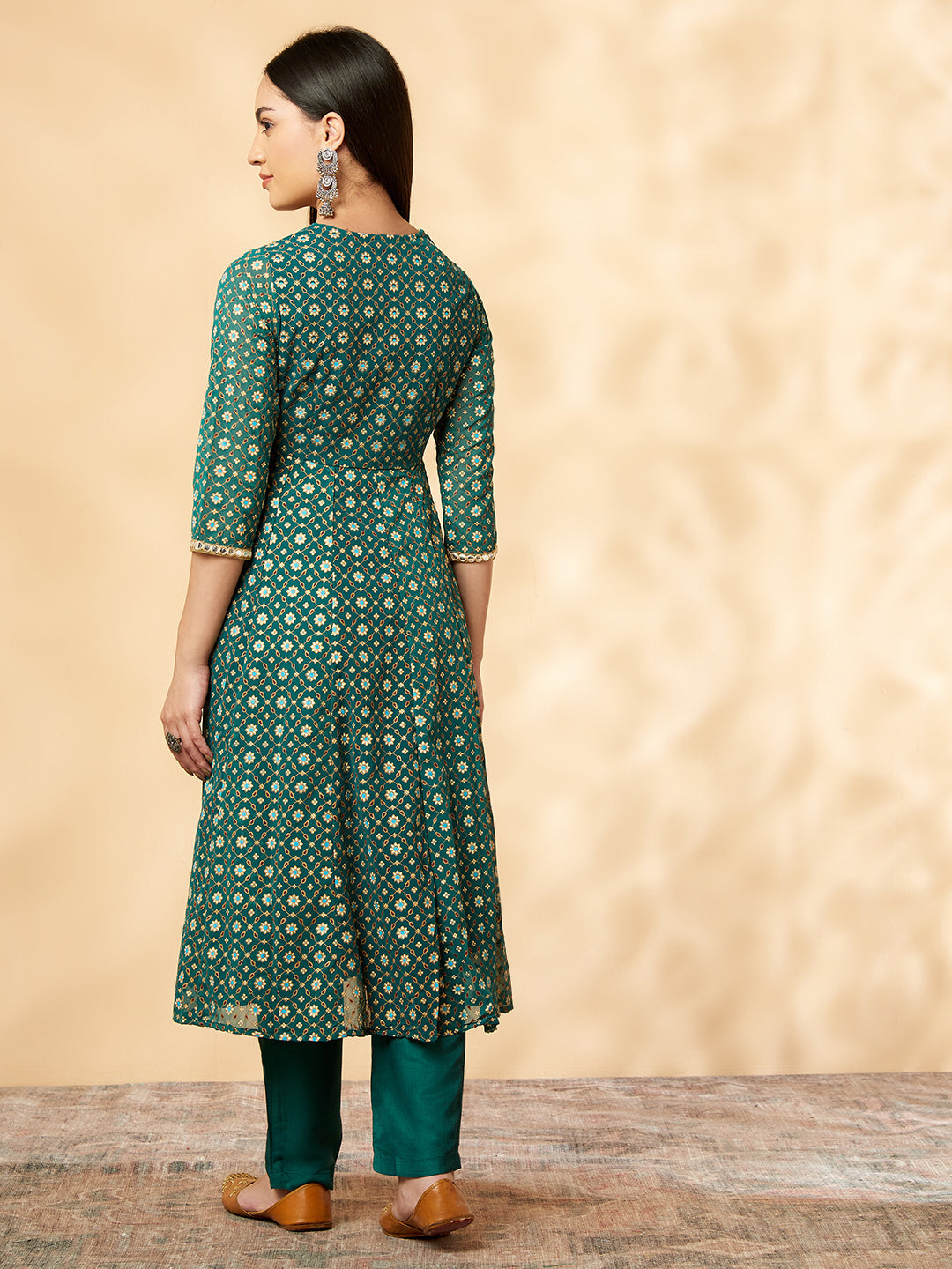 Green Printed Kalidar  Kurta  Set