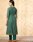 Green Printed Kalidar  Kurta  Set