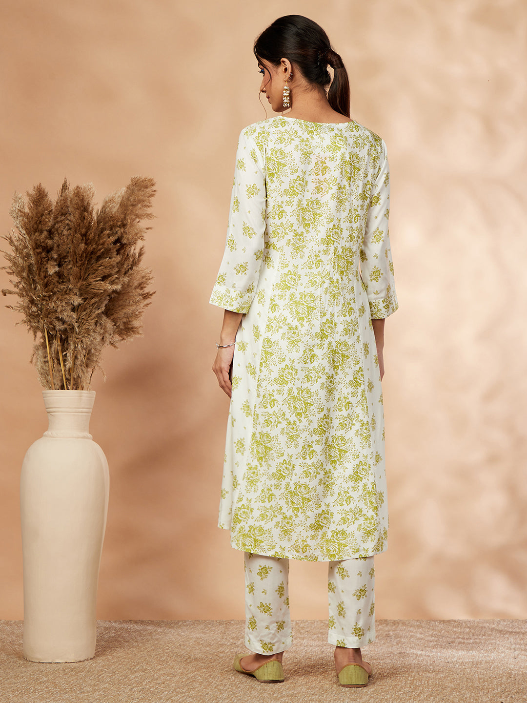 Off-white Floral Print A-line Kurta Set