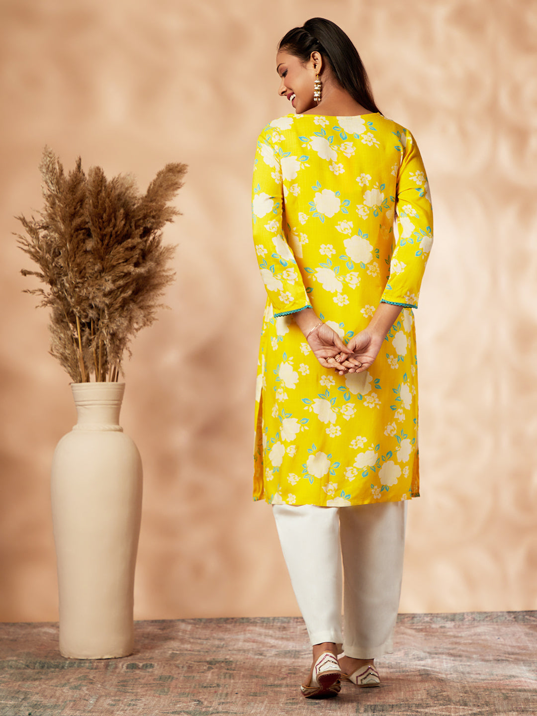 Yellow Floral Print Straight Kurta set