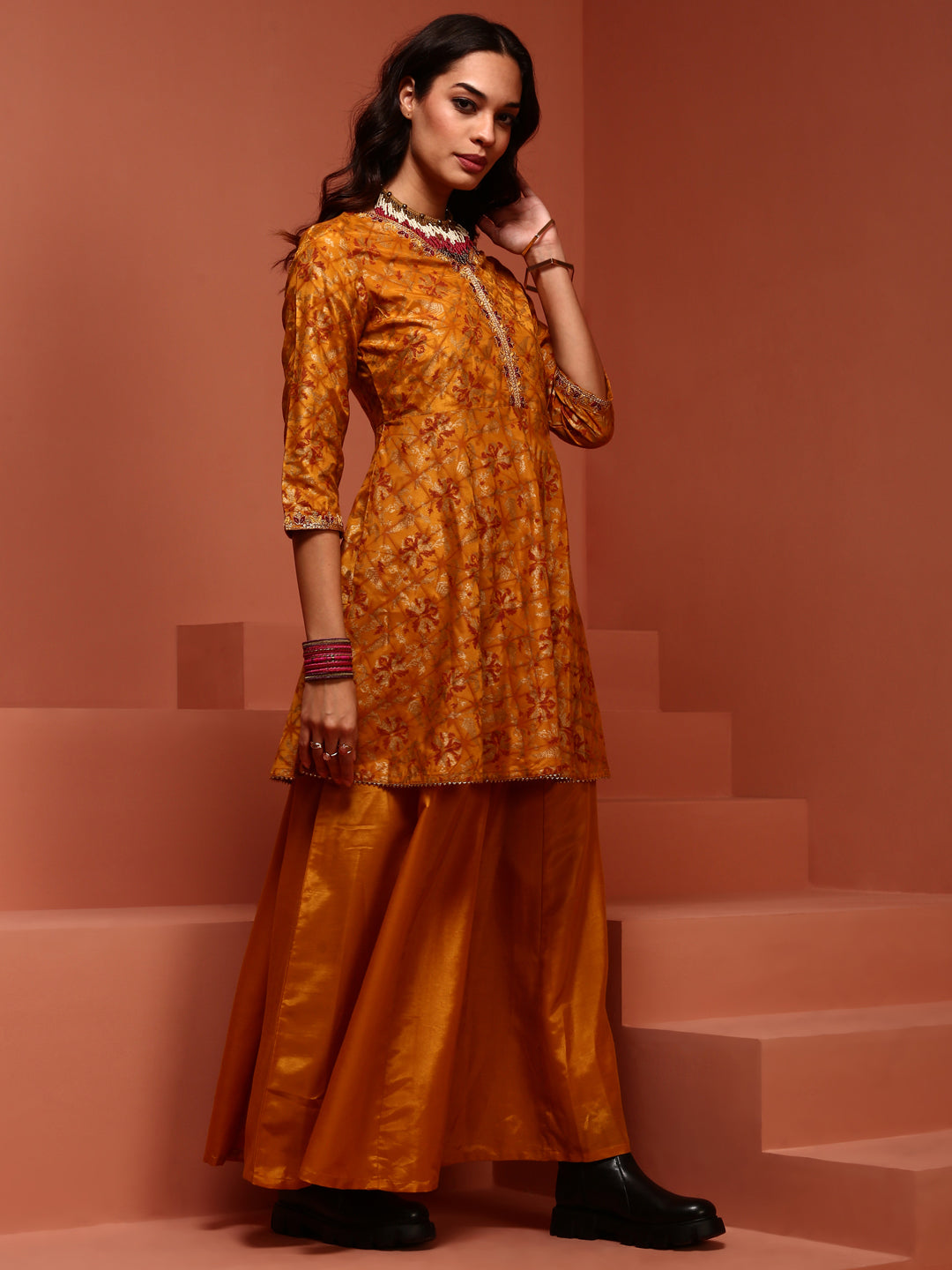 Mustard A Line Kurta Palazzo Set