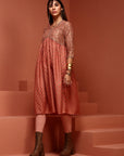 Peach Printed Gathered Kurta