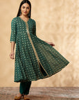 Green Printed Kalidar  Kurta  Set