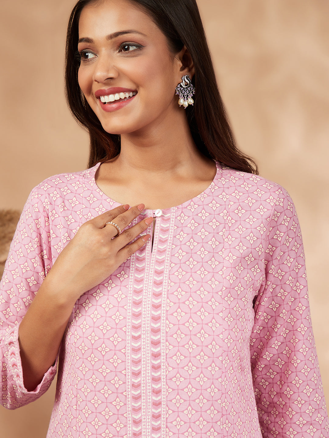 Pink Printed Rayon A-Line Kurta