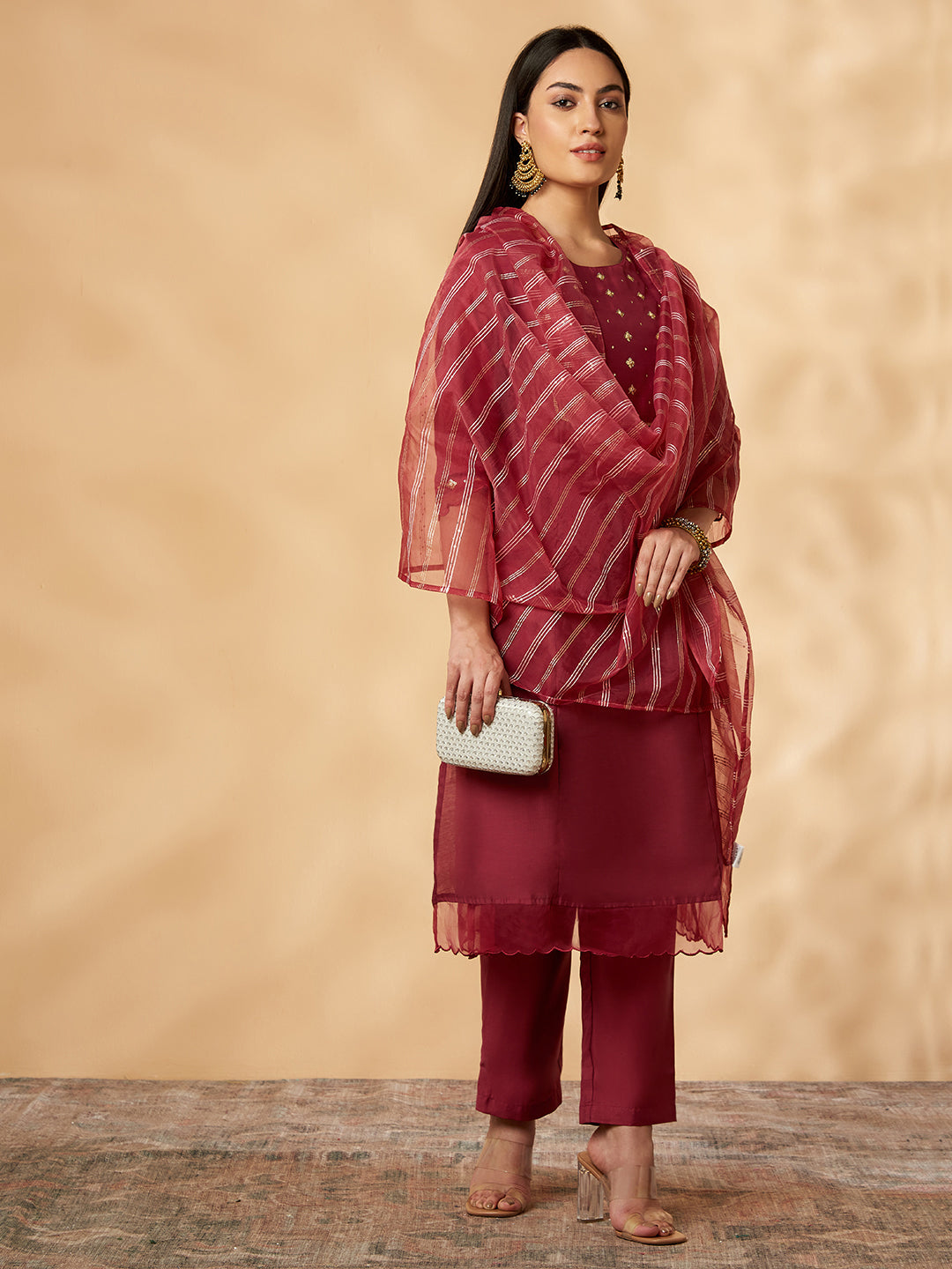 Maroon Embroidered  Kurta Set