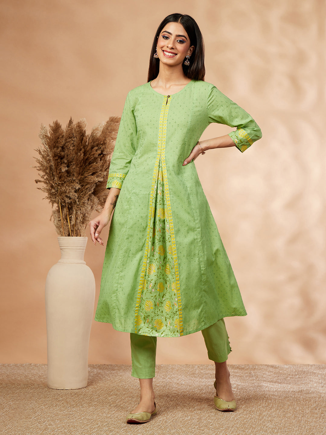 Floral Solid Lime Green Flared Kurta