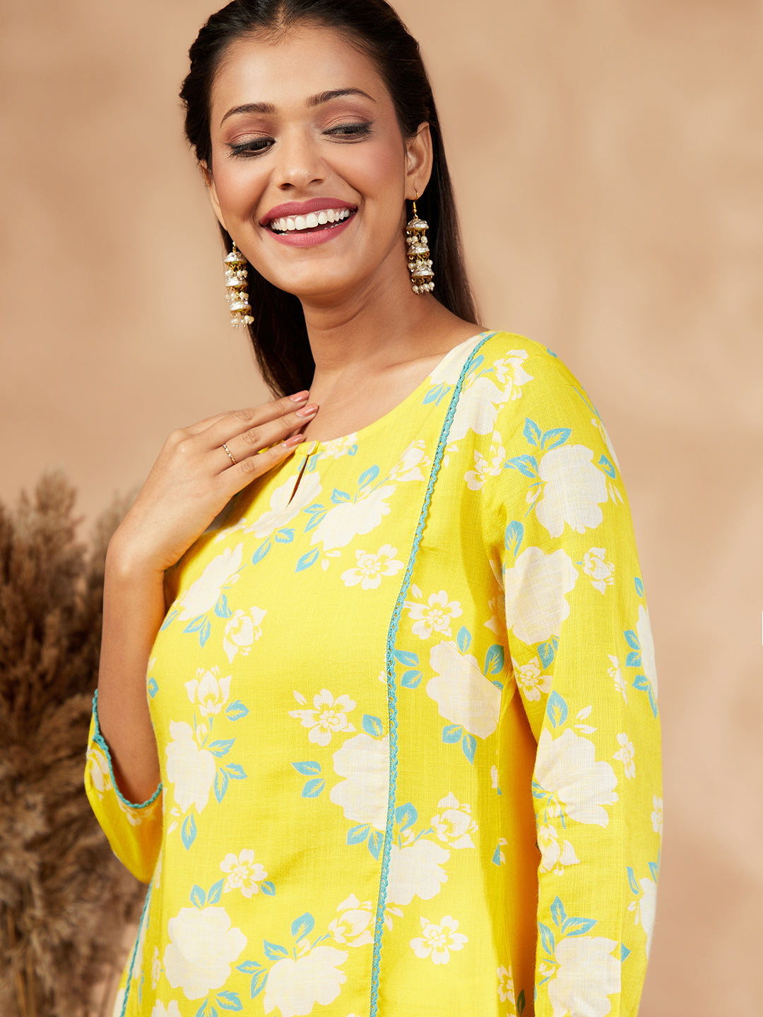 Yellow Floral Print Straight Kurta set