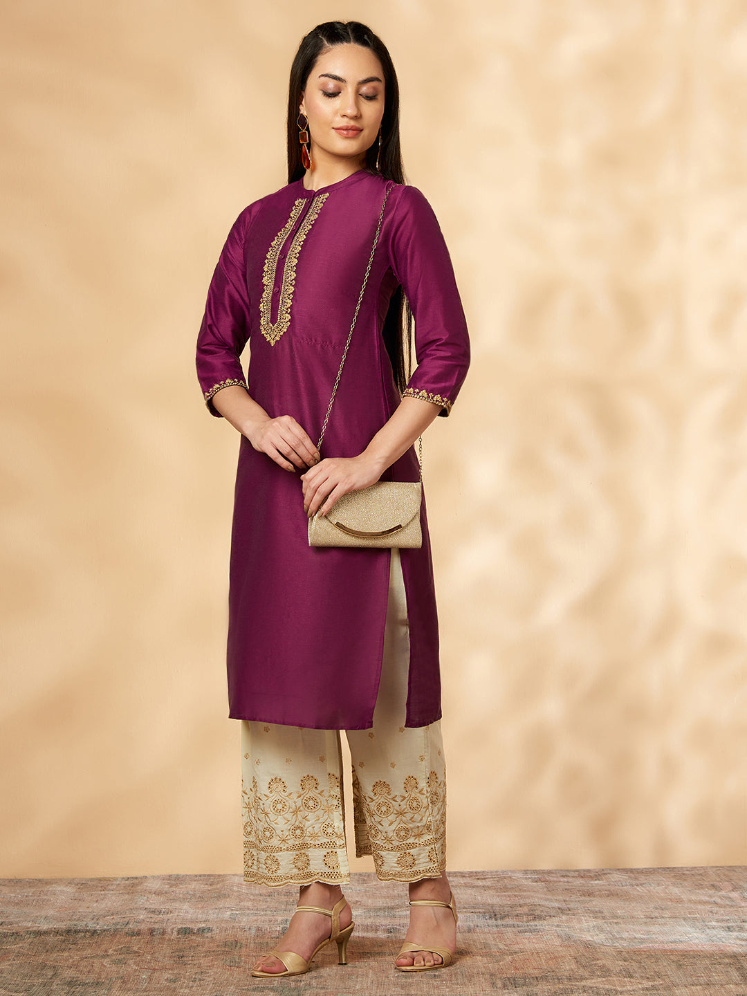 Violet Embroidered Straight Kurta