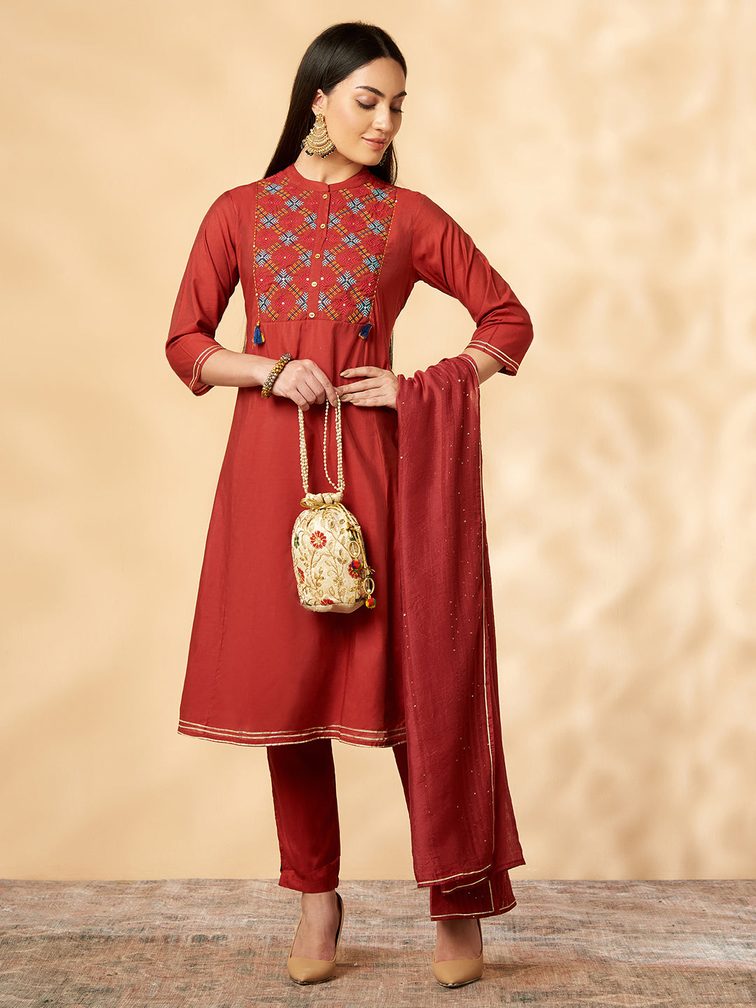 Red Floral Embroidered Kurta Set