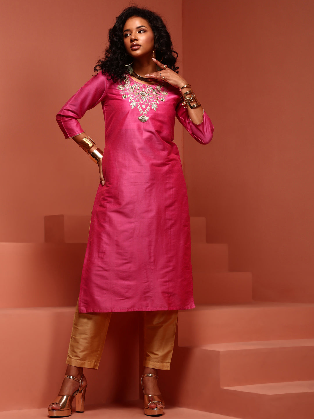 Light Pink Embroidered Straight Kurta