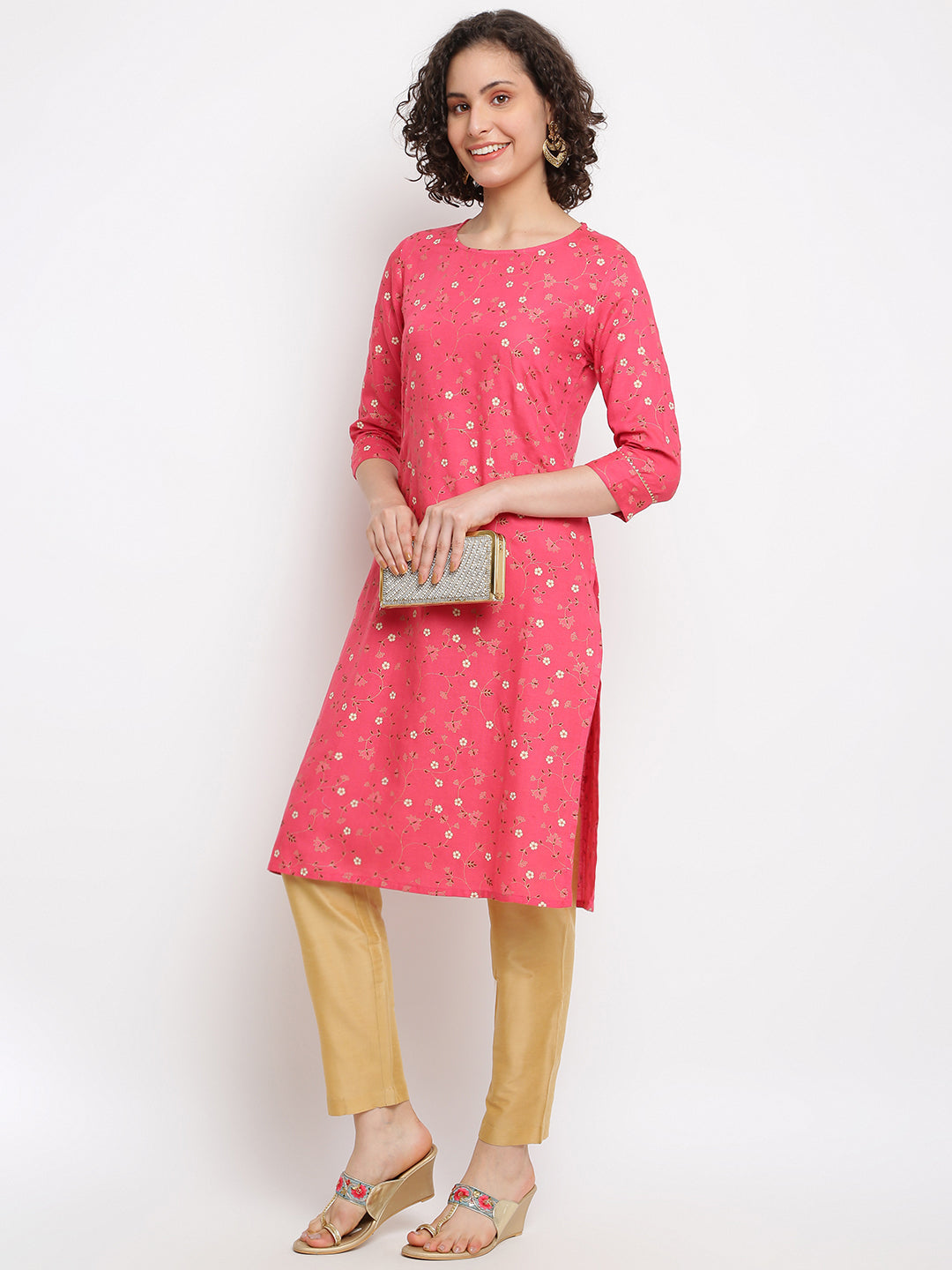 Printed Floral Pink Straight Kurta