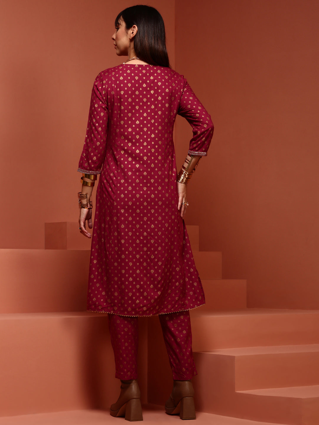 Purple Printed A-line Kurta Set