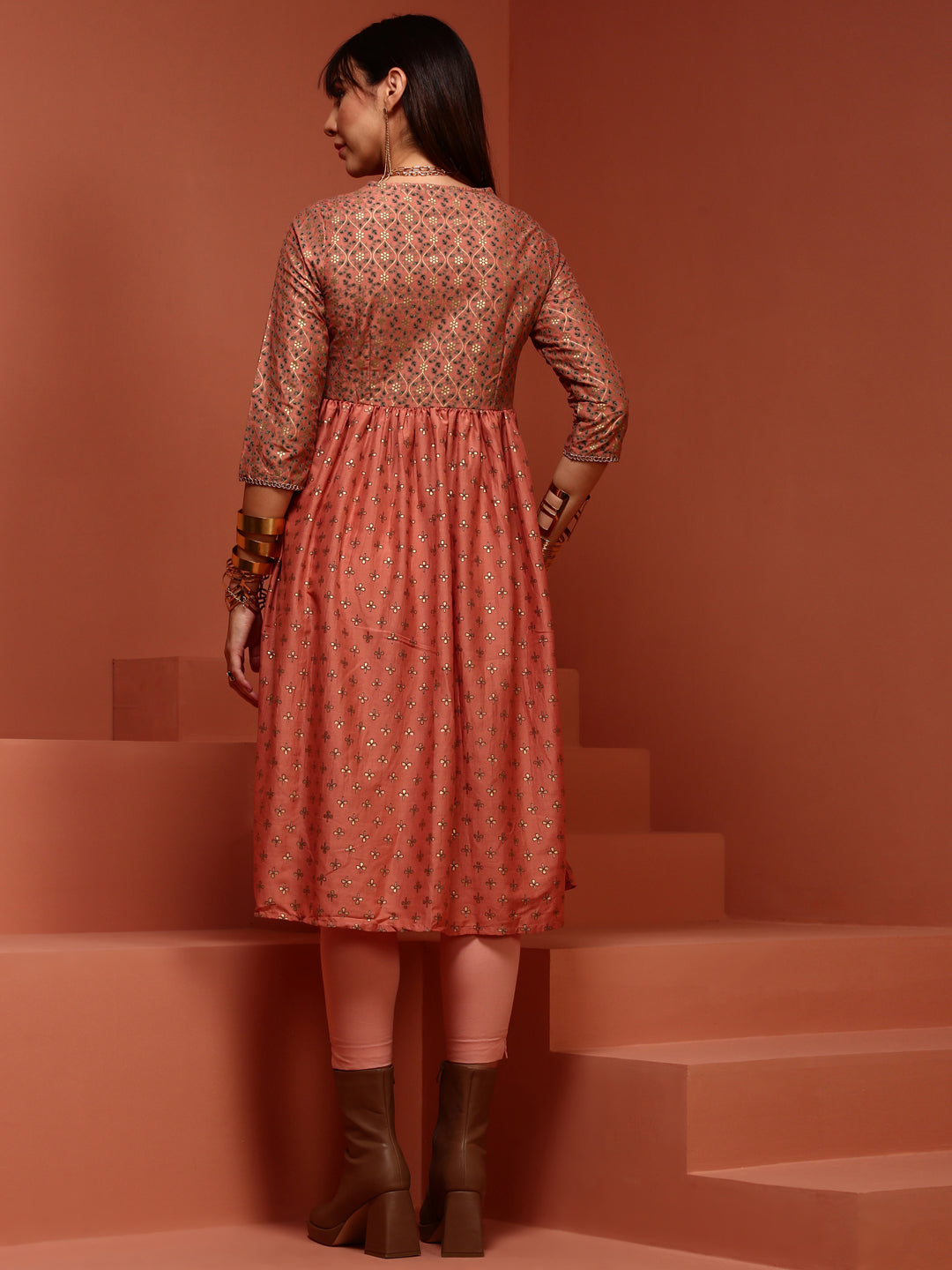 Peach Printed Gathered Kurta