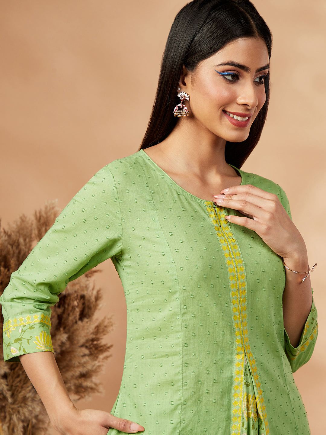 Floral Solid Lime Green Flared Kurta