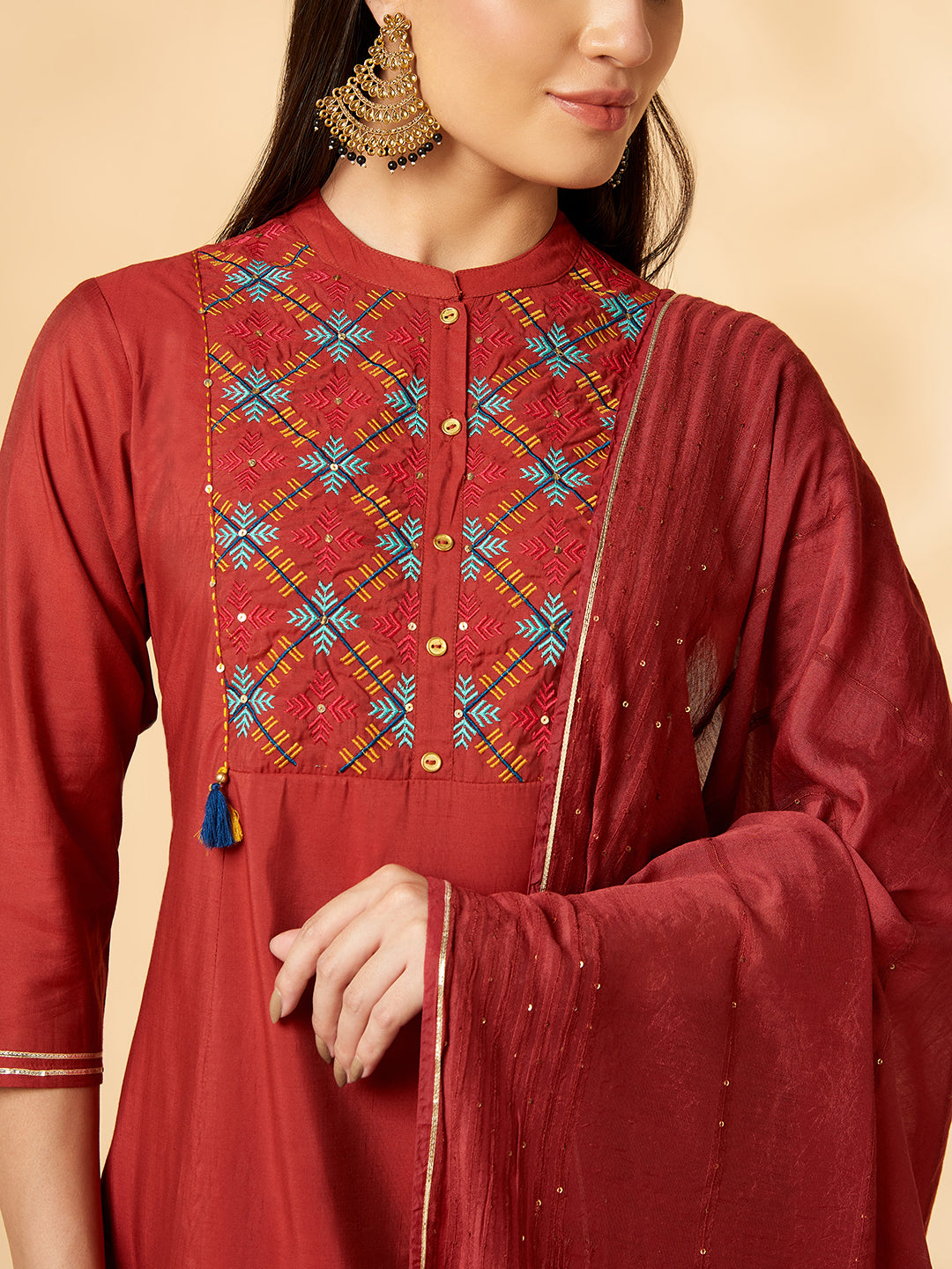 Red Floral Embroidered Kurta Set