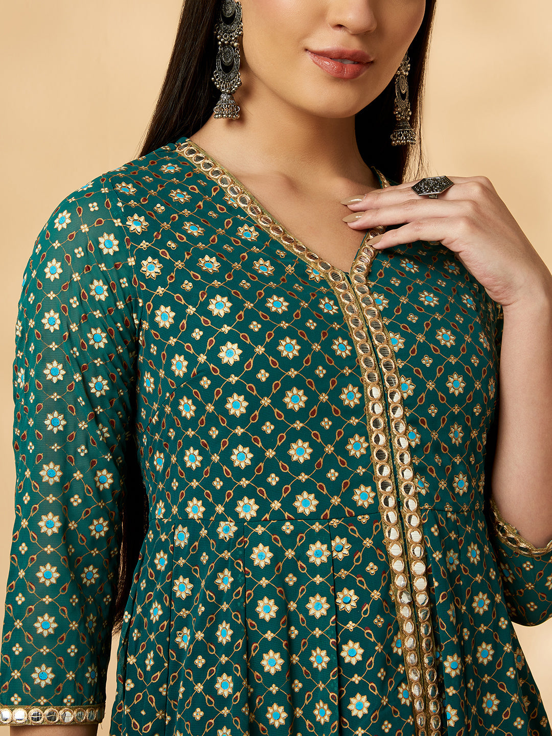 Green Printed Kalidar  Kurta  Set