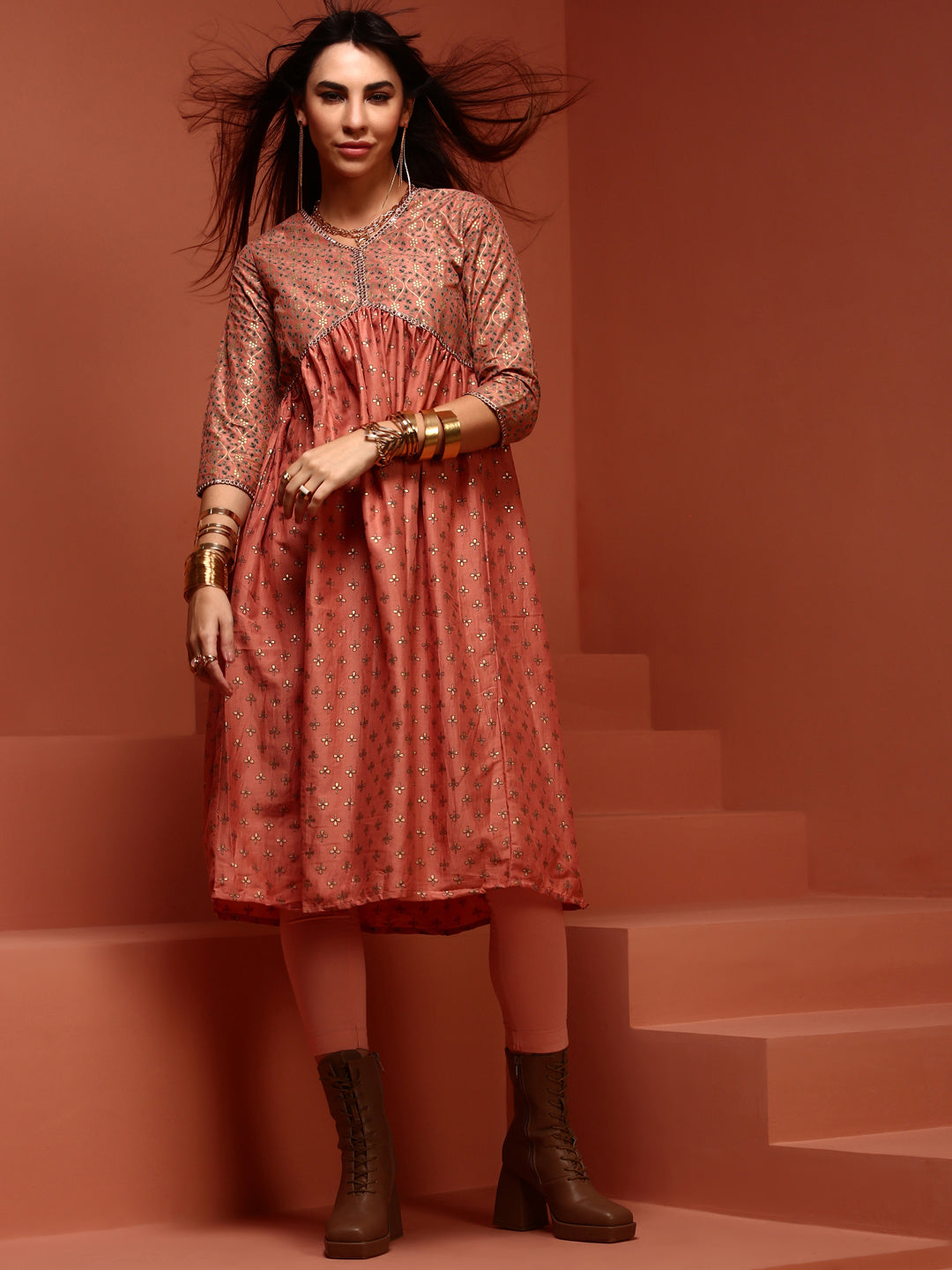 Peach Printed Gathered Kurta